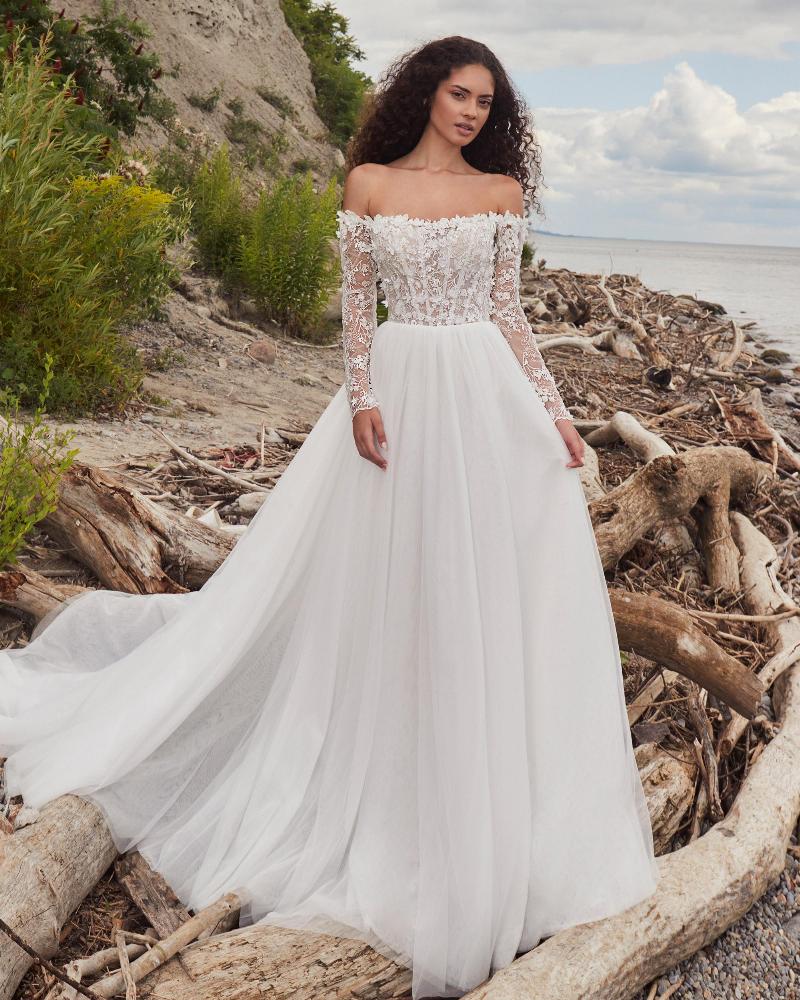 La24115 off the shoulder long sleeve wedding dress with lace and tulle3